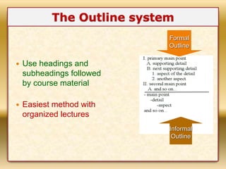  Use headings and
subheadings followed
by course material
 Easiest method with
organized lectures
Formal
Outline
Informa...