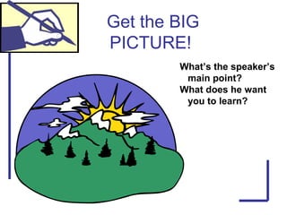 Get the BIG
PICTURE!
What’s the speaker’s
main point?
What does he want
you to learn?
 