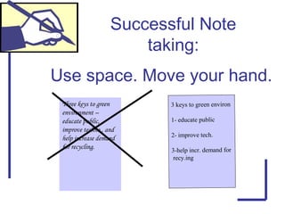 Successful Note
taking:
3 keys to green environ
1- educate public
2- improve tech.
3-help incr. demand for
recy.ing
Three keys to green
environment –
educate public,
improve techno., and
help increase demand
for recycling.
Use space. Move your hand.
 
