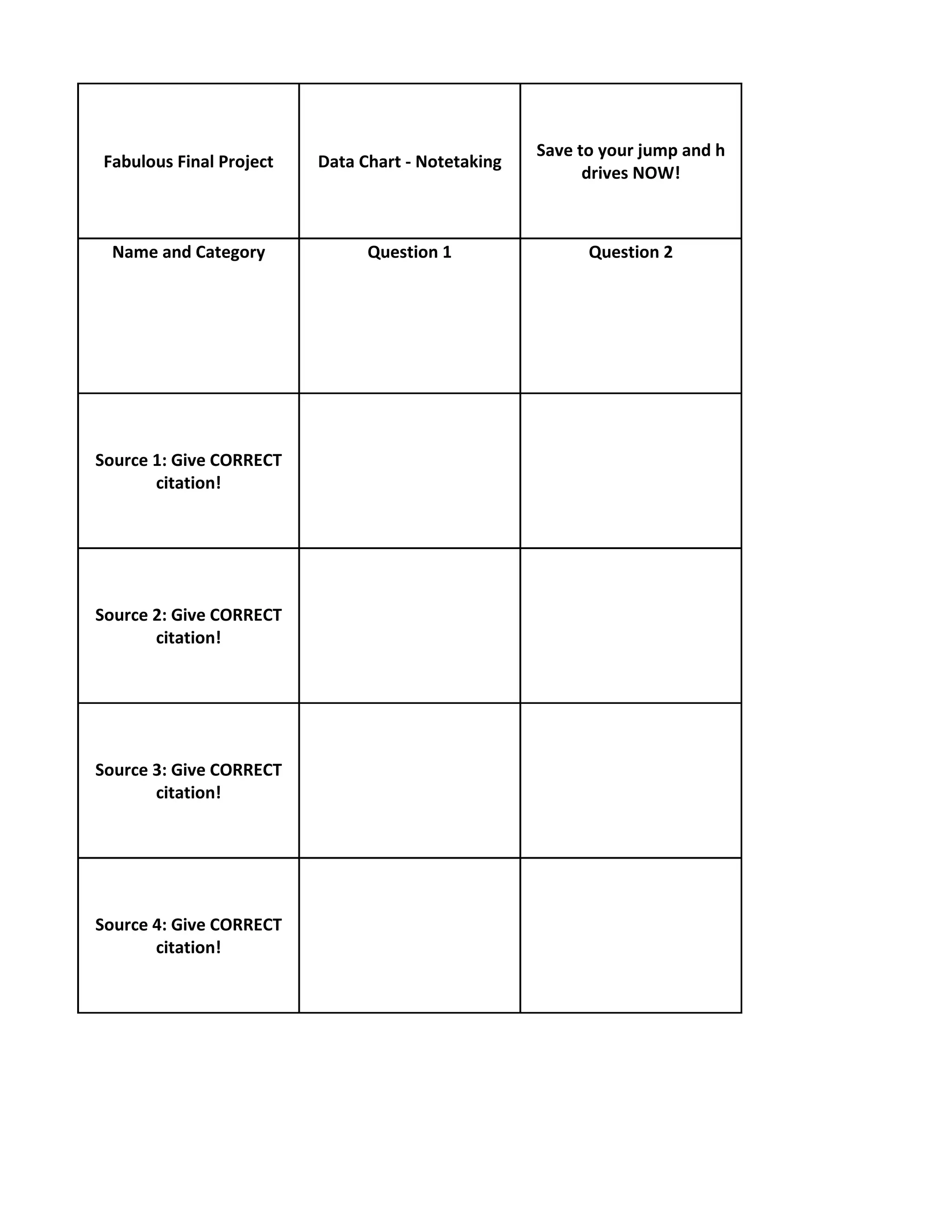 Save to your jump and h
Fabulous Final Project   Data Chart - Notetaking
                                                         drives NOW!



 Name and Category             Question 1                Question 2




Source 1: Give CORRECT
       citation!




Source 2: Give CORRECT
       citation!




Source 3: Give CORRECT
       citation!




Source 4: Give CORRECT
       citation!
 
