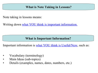 Note taking in lessons means: Writing down  what YOU think is important information. Important information is  what YOU think is Useful/New , such as:  Vocabulary (terminology) Main Ideas (sub-topics) Details (examples, names, dates, numbers, etc.)  What is Note Taking in Lessons? What is Important Information? 