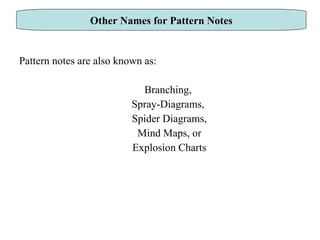 Pattern notes are also known as: Branching,  Spray-Diagrams,  Spider Diagrams, Mind Maps, or Explosion Charts Other Names for Pattern Notes 
