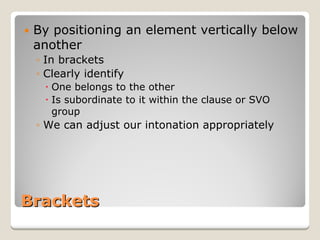 Brackets 
y 
By positioning an element vertically below another 
◦ 
In brackets 
◦ 
Clearly identify 
x 
One belongs to the other 
x 
Is subordinate to it within the clause or SVO group 
◦ 
We can adjust our intonation appropriately  