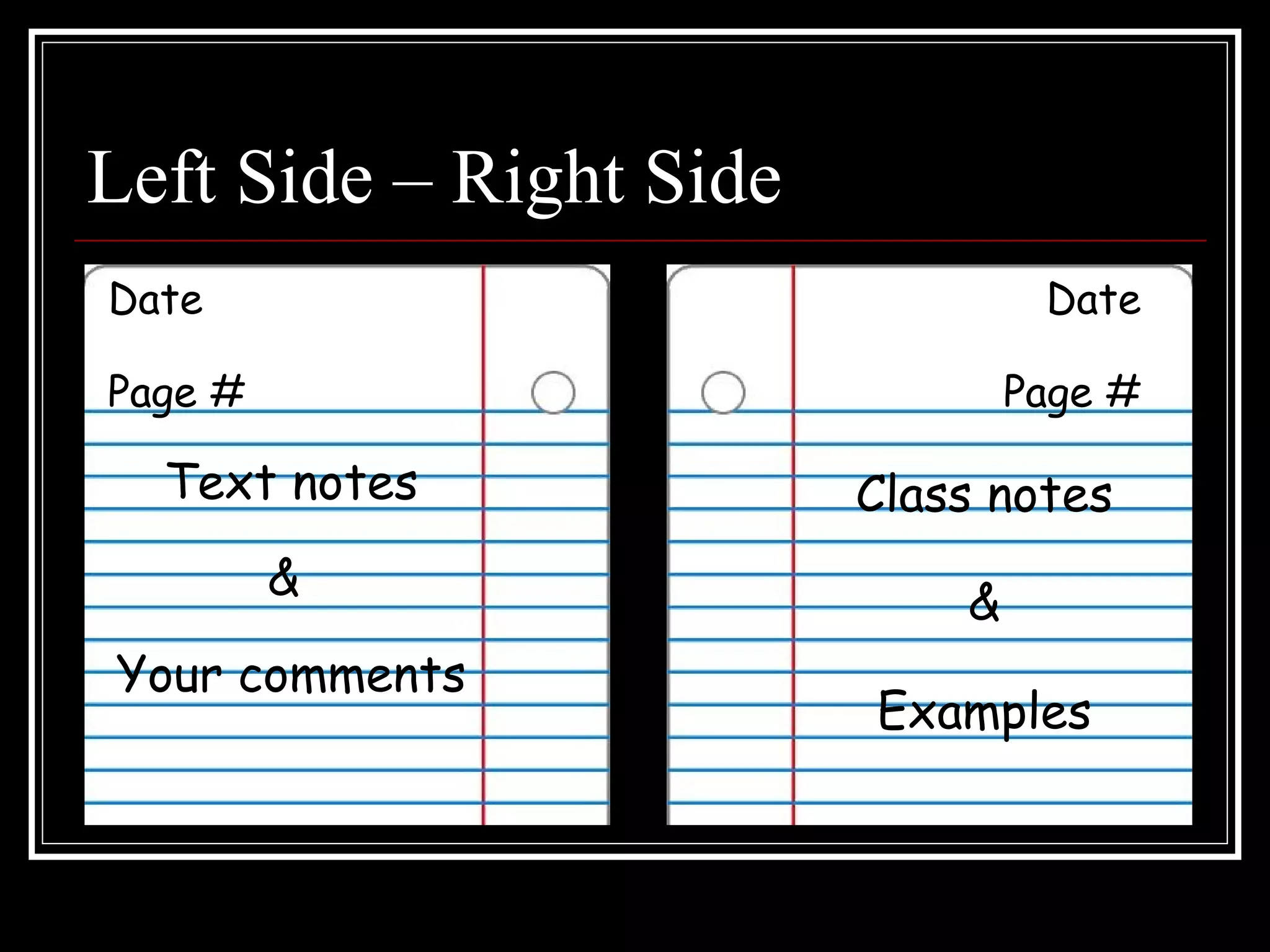 Left Side – Right Side Date Page # Text notes &  Your comments Date Page # Class notes & Examples 