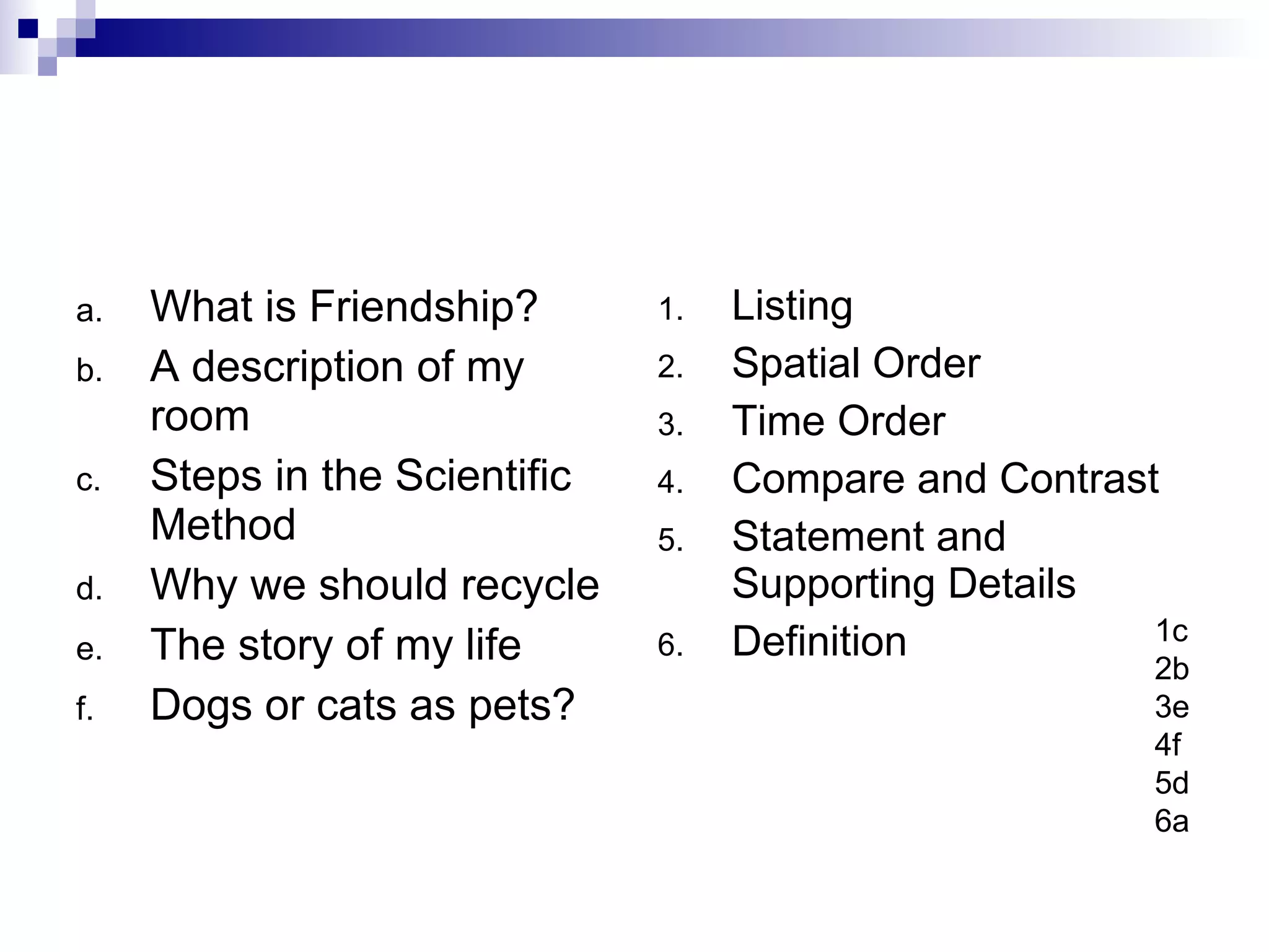 What is Friendship? A description of my room Steps in the Scientific Method Why we should recycle The story of my life Dogs or cats as pets? Listing Spatial Order Time Order Compare and Contrast Statement and Supporting Details Definition 1c 2b 3e 4f 5d 6a 