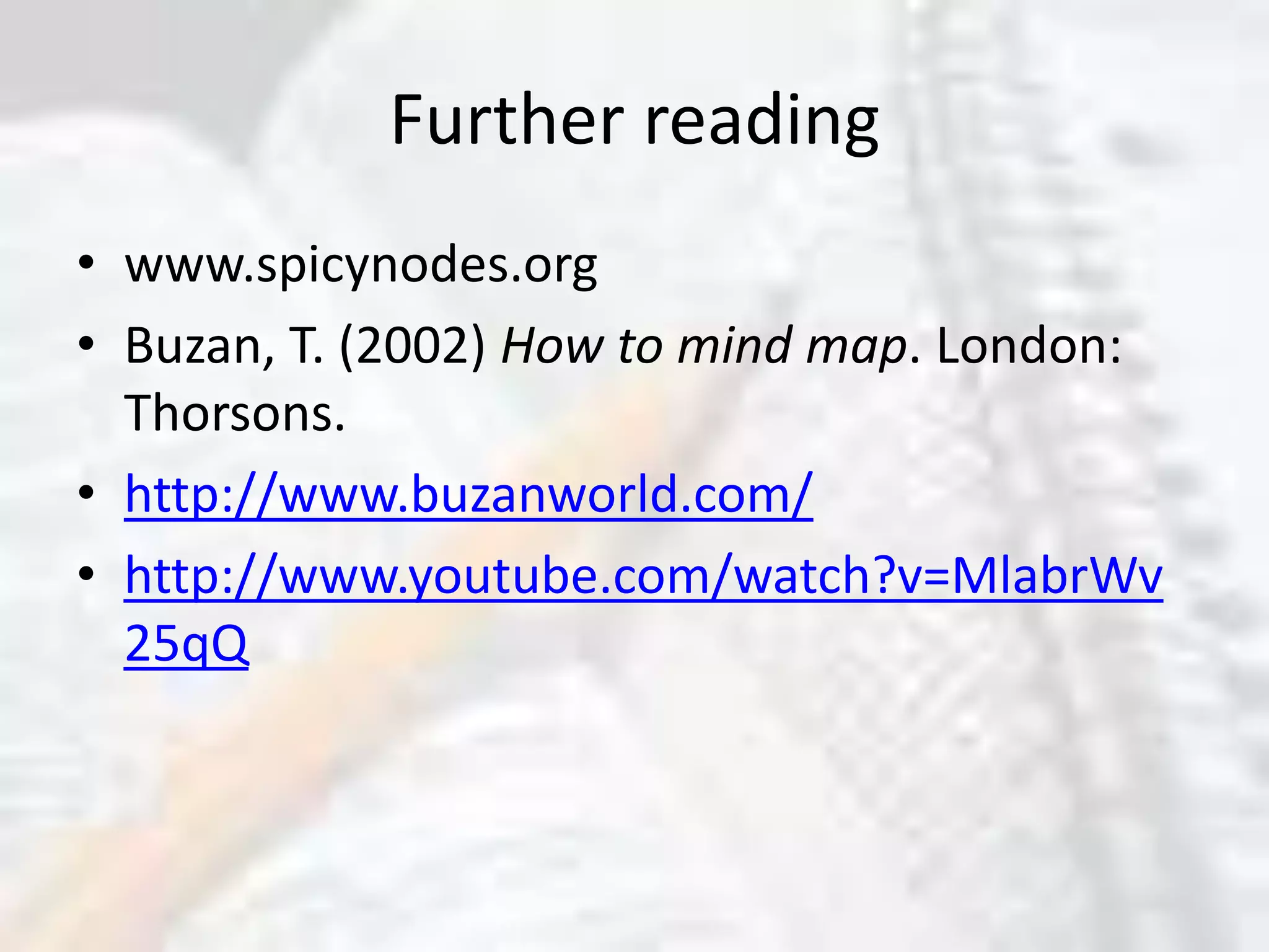 Further readingwww.spicynodes.orgBuzan, T. (2002) How to mind map. London: Thorsons.http://www.buzanworld.com/http://www.youtube.com/watch?v=MlabrWv25qQ