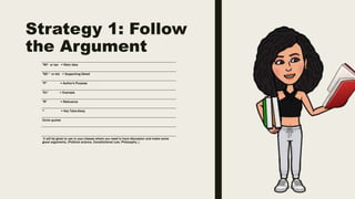 Strategy 1: Follow
the Argument
"MI" or bar = Main Idea
"SD " or dot = Supporting Detail
"P" = Author's Purpose
"Ex" = Example
"R" = Relevance
* = Key Take-Away
Circle quotes
It will be great to use in your classes where you need to have discussion and make some
great arguments. (Political science, Constitutional Law, Philosophy..)
 