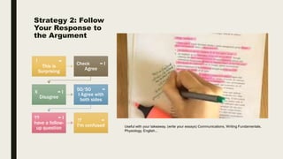 Strategy 2: Follow
Your Response to
the Argument
! =
This is
Surprising
Check = I
Agree
X = I
Disagree
50/50 =
I Agree with
both sides
?? = I
have a follow-
up question
!? =
I'm confused Useful with your takeaway. (write your essays) Communications, Writing Fundamentals,
Physiology, English...
 
