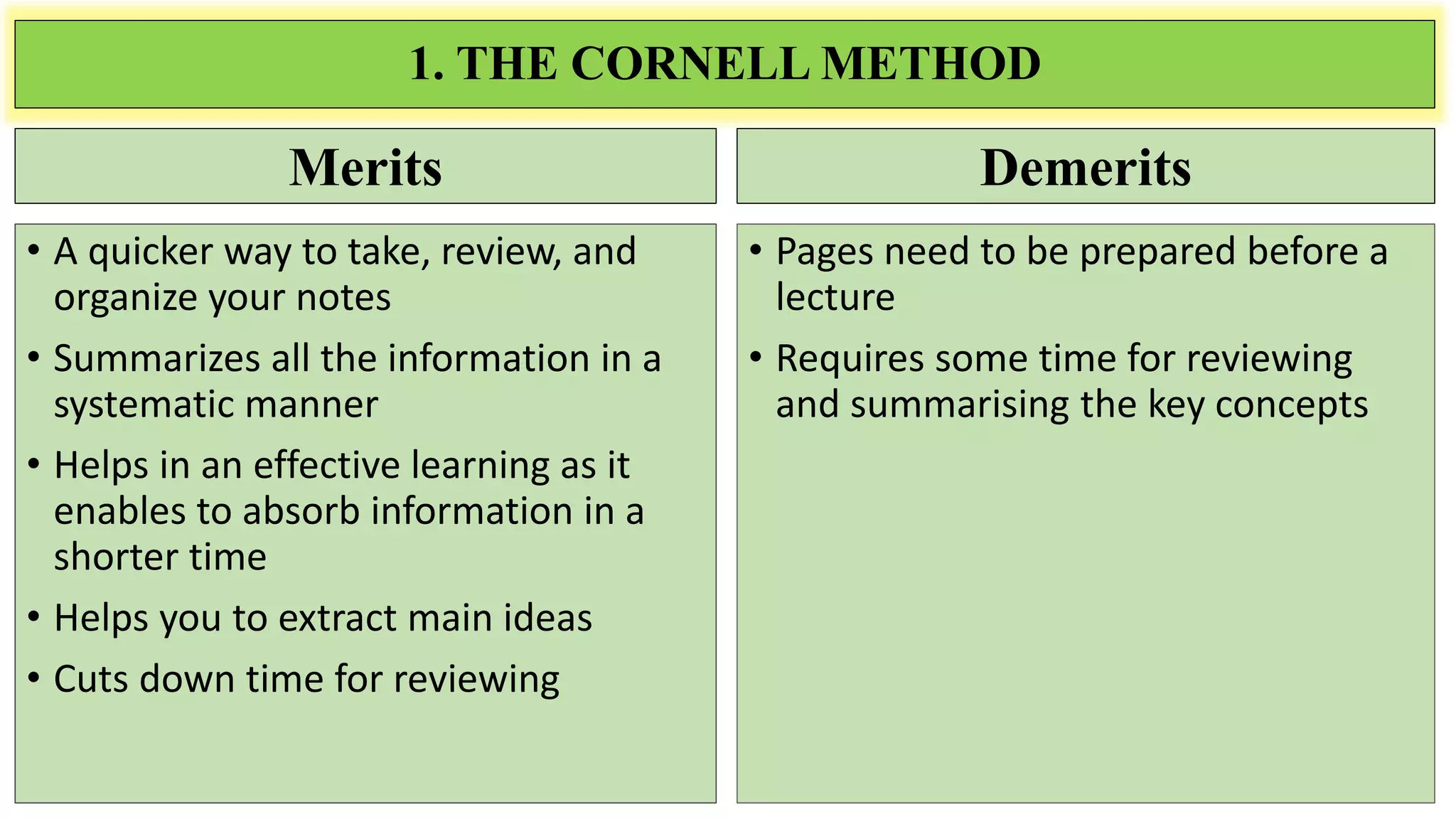 Merits
• A quicker way to take, review, and
organize your notes
• Summarizes all the information in a
systematic manner
• Helps in an effective learning as it
enables to absorb information in a
shorter time
• Helps you to extract main ideas
• Cuts down time for reviewing
Demerits
• Pages need to be prepared before a
lecture
• Requires some time for reviewing
and summarising the key concepts
1. THE CORNELL METHOD
 