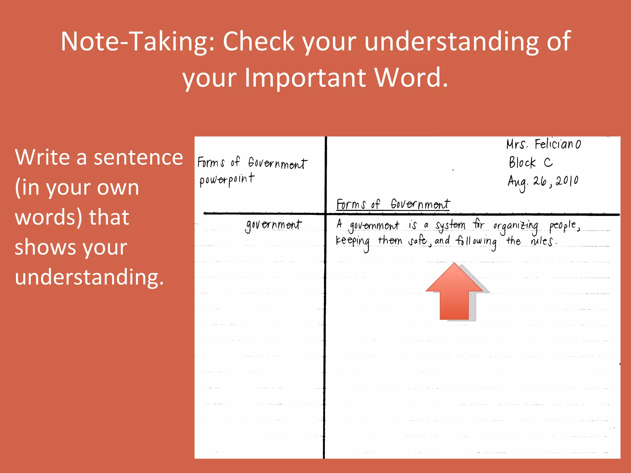Note-Taking: Check your understanding of your Important Word.   Write a sentence (in your own words) that shows your understanding. 