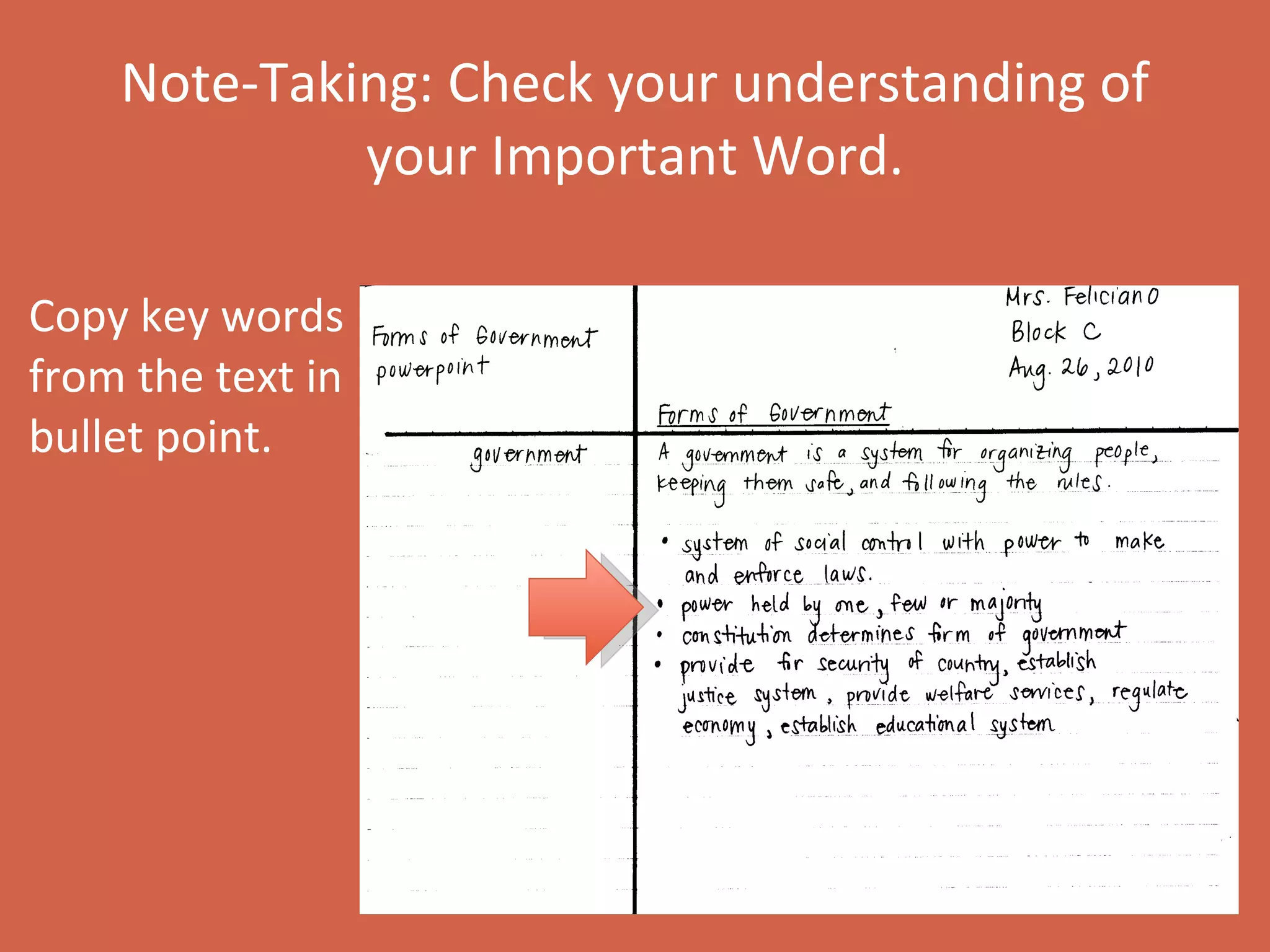 Note-Taking: Check your understanding of your Important Word.   Copy key words from the text in bullet point. 
