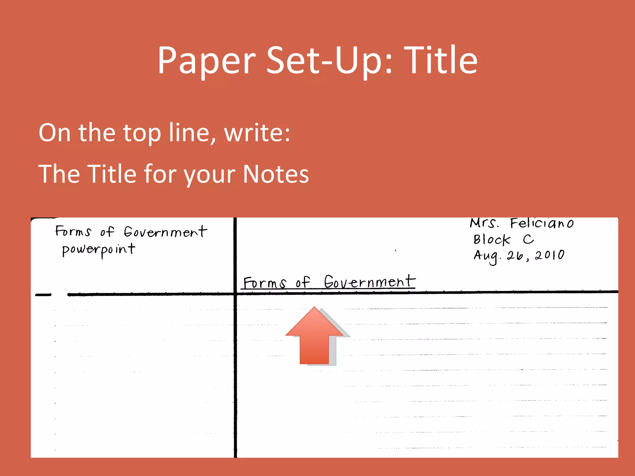 Paper Set-Up: Title On the top line, write: The Title for your Notes 