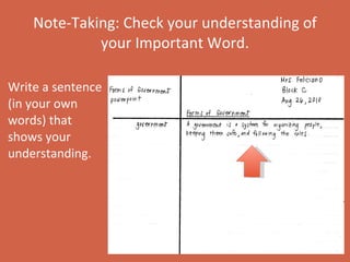 Note-Taking: Check your understanding of your Important Word.   Write a sentence (in your own words) that shows your understanding. 