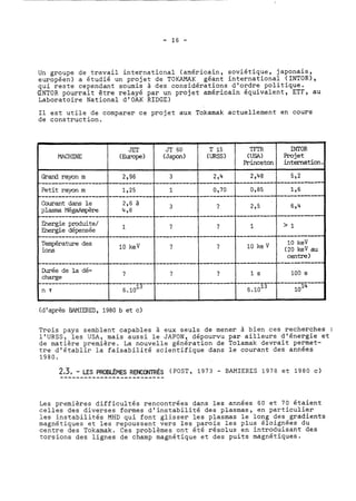 Un groupe de travail internaticnal (américain, soviétique, japonais, 
européen) a étudié un projet de TOKAMAK géant international (INTOR), 
qui reste cependant soumis à des considérations d'ordre politique. 
CNTOR pourrait être relayé par un projet américain équivalent, ETF, au 
Laboratoire National d'OAK RIDGE) 
Il est utile de comparer ce projet aux Tokamak actuellement en cours 
de construction. 
(d'après BAMIERES, 1980 b et c) 
Trois pays semblent capables à eux seuls de mener à bien ces recherches : 
l'URSS, les USA, mais aussi le JAPON, dépourvu par ailleurs d'énergie et 
de matière première. La nouvelle génération de Tolamak devrait permet-tre 
d'établir la faisabilité scientifique dans le courant des années 
1980. 
Les premières difficultés rencontrées dans les années 60 et 70 étaient 
celles des diverses formes d'instabilité des plasmas, en particulier 
les instabilités MHD qui font glisser les plasmas le long des gradients 
magnétiques et les repoussent vers les parois les plus éloignées du 
centre des Tokamak. Ces problèmes ont été résolus en introduisant des 
torsions des lignes de champ magnétique et des puits magnétiques. 
 