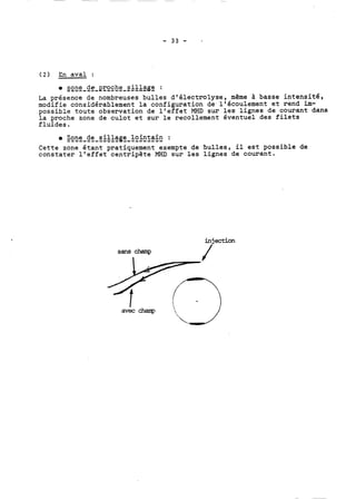 (2) En aval : 
La présence de nombreuses bulles d'électrolyse, même à basse intensité, 
modifie considérablement la configuration de l'écoulement et rend im-possible 
toute observation de l'effet MHD sur les lignes de courant dans 
la proche zone de culot et sur le recollement éventuel des filets 
fluides. 
0 Z-o--n-e- d-e- --s-i-l-l-a ge- -l-o--i-n-t-a-i-n : 
Cette zone étant pratiquement exempte de bulles, il est possible de 
constater l'effet centripète MHD sur les lignes de courant. 
injection 
 
