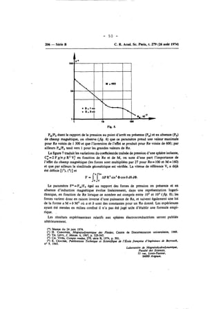 206 - Série B C. R. Acad. Sc. Paris, t. 279 (26 août 1974) 
P$Po étant le rapport de la pression au point d'arrêt en présence (Pm) et en absence (Po) 
de champ magnétique, on observe (Jig. 6) que ce paramétre prend une valeur maximale 
pour Re voisin de 1 300 et que l'inversion de l'effet se produit pour Re voisin de 600; par 
ailleurs PJP, tend vers 1 pour les grandes valeurs de Re. 
La figure 7 traduit les variations du coefficientde traînée de pression d'une sphère isolante, 
C,*=2 Fglx p RZ V: en fonction de Re et de M, on note d'une part l'importance de 
l'effet du champ magnétique (les forces sont multipliées par 27 pour Re= 100 et M = 160) 
et que par ailleurs la similitude géométrique est vérifiée. La vitesse de référence V, a déjh 
été définie [(j), (4)] et . 
P = 'y' AP R2 sinz mcOs 0 d0 dm. 
O O 
Le paramètre F*=F,/F, égal au rapport des forces de pression en présence et en 
absence d'induction magnétique évolue linéairement, dans une représentation logari-thmique, 
en fonction de Re lorsque ce nombre est compris entre 10' et IO3 (jg. 8); les 
forces varient donc en raison inverse d'une puissance de Re, et suivent également une loi 
de la forme a M+ b M2 OU a et b sont des constantes pour un Re donné. Les expériences 
ayant été menées en milieu confiné il n'a pas été jugé utile d'établir une formule empi-rique. 
. 
Les résultats expérimentaux relatifs aux sphères électroconductrices seront publiés 
ultérieurement. 
Séance du 24 juin 1974. 
H. CABANNESM, agnétodynamique des Fluides, Centre de Documentation universitaire, 1969. 
TH. LÉw, J. Mécan. 6, 1967, p. 529-545, 
CH. V~Co,mpte rendus, 278, série B, 1974, p. 501. 
E. CRAUSSEPu,b lications Technique et Scientifique de l'École française d'Ingénieurs de Beyrouth, 
1945. 
Laboratoire de Magnétohydrodynamiq~, 
Faculté des Sciences, 
33 rue, LouLF-Pasteur, 
84000 Avignon. 
 