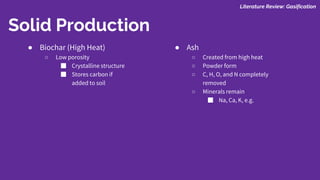 Literature Review: Gasification
Solid Production
● Biochar (High Heat)
○ Low porosity
■ Crystalline structure
■ Stores carbon if
added to soil
● Ash
○ Created from high heat
○ Powder form
○ C, H, O, and N completely
removed
○ Minerals remain
■ Na, Ca, K, e.g.
 