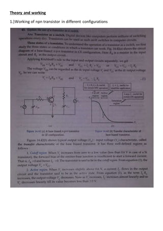 Theory and working
1.)Working of npn transistor in different configurations
 