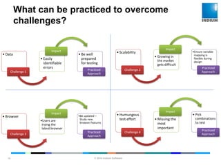 © 2014 Indium Software
ENHANCING SOFTWARE QUALITY
What can be practiced to overcome
challenges?
15
• Data
Challenge 1
• Easily
identifiable
errors
Impact
• Be well
prepared
for testing
Practiced
Approach
• Scalability
Challenge 2
• Growing in
the market
gets difficult
Impact
•Ensure variable
mapping is
flexible during
design
Practiced
Approach
• Browser
Challenge 3
•Users are
trying the
latest browser
Impact
•Be updated –
Study new
browser features
Practiced
Approach
• Humungous
test effort
Challenge 4
• Missing the
most
important
Impact
• Pick
combinations
to test
Practiced
Approach
 