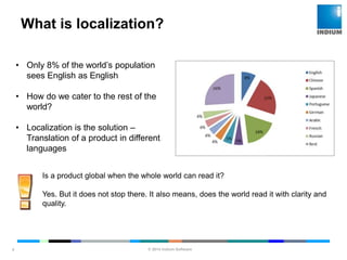 © 2014 Indium Software
ENHANCING SOFTWARE QUALITY
What is localization?
4
• Only 8% of the world’s population
sees English as English
• How do we cater to the rest of the
world?
• Localization is the solution –
Translation of a product in different
languages
Is a product global when the whole world can read it?
Yes. But it does not stop there. It also means, does the world read it with clarity and
quality.
 