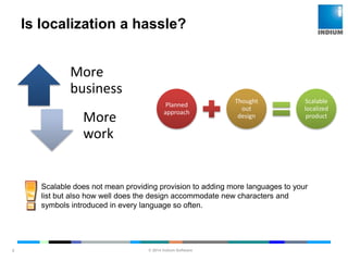 © 2014 Indium Software
ENHANCING SOFTWARE QUALITY
Is localization a hassle?
5
More
business
More
work
Planned
approach
Thought
out
design
Scalable
localized
product
Scalable does not mean providing provision to adding more languages to your
list but also how well does the design accommodate new characters and
symbols introduced in every language so often.
 