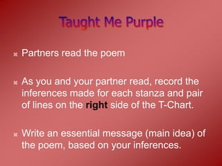    Partners read the poem

   As you and your partner read, record the
    inferences made for each stanza and pair
    of lines on the right side of the T-Chart.

   Write an essential message (main idea) of
    the poem, based on your inferences.
 