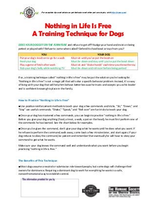 For complete tips and advice on pet behavior and other pet care topics, visit http://4unow.net
Nothing in Life Is Free
A Training Technique for Dogs
DOES YOUR DOG GET ON THE FURNITURE and refuse to get off? Nudge your hand and insist on being
petted or played with? Refuse to come when called? Defend his food bowl or toys from you?
YOU YOUR DOG
Put your dog’s leash on to go for a walk Must sit until you’ve put the leash on
Feed your dog Must lie down and stay until you’ve put the bowl down
Play a game of fetch after work Must sit and “shake hands” each time you throw the toy
Rub your dog’s belly while watching TV Must lie down and roll over before being petted
If so, a training technique called “nothing in life is free” may be just the solution you’re looking for.
“Nothing in life is free” is not a magic pill that will solve a specific behavior problem. Instead, it’s a way
of living with your dog that will help him behave better because he trusts and accepts you as his leader
and is confident knowing his place in the family.
How to Practice “Nothing in Life Is Free”
■ Use positive reinforcement methods to teach your dog a few commands and tricks. “Sit,” “Down,” and
“Stay” are useful commands. “Shake,” “Speak,” and “Roll over” are fun tricks to teach your dog.
■ Once your dog has mastered a few commands, you can begin to practice “nothing in life is free.”
Before you give your dog anything (food, a treat, a walk, a pat on the head), he must first perform one of
the commands he has learned. See the chart below for examples.
■ Once you’ve given the command, don’t give your dog what he wants until he does what you want. If
he refuses to perform the command, walk away, come back a few minutes later, and start again. If your
dog refuses to obey the command, be patient and remember that eventually he will have to obey your
command to get what he wants.
Make sure your dog knows the command well and understands what you want before you begin
practicing “nothing in life is free.”
The Benefits of This Technique
■ Most dogs assume a neutral or submissive role toward people, but some dogs will challenge their
owners for dominance. Requiring a dominant dog to work for everything he wants is a safe,
nonconfrontational way to establish control.
 