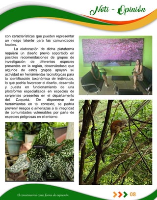 08
con características que pueden representar
un riesgo latente para las comunidades
locales.
La elaboración de dicha plataforma
requiere un diseño previo soportado en
posibles recomendaciones de grupos de
investigación de diferentes especies
presentes en la región, observándose que
algunos de estos grupos apoyan su
actividad en herramientas tecnológicas para
la identificación taxonómica de individuos,
lo que podría favorecer el diseño, desarrollo
y puesta en funcionamiento de una
plataforma especializada en especies de
serpientes presentes en el departamento
del Caquetá. De disponerse de
herramientas en tal contexto, se podría
provenir riesgos o amenazas a la integridad
de comunidades vulnerables por parte de
especies peligrosas en el entorno
 