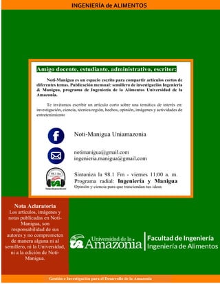 INGENIERÍA de ALIMENTOS
Nota Aclaratoria
Los artículos, imágenes y
notas
notimanigua@gmail.com
 