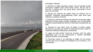 El conocimiento como forma de expresión
Viene página 11. Maneras…
5. Aprender el inglés siguiendo pautas. Así por ejemplo puede
pronunciar vocablos como ‘what, where, when’, ‘the cat, sat on
the mat’, o verbos como ‘go, going, gone’, procurando ir de la
fácil a lo más difícil.
6. Estudia los avances de inglés antes de avanzar con la
siguiente. Prepárate anticipadamente sobre cada tema para
entender y practicar el idioma.
7. Combina y cambia las maneras de aprender. Al estudiar inglés
diferentes formas pueden resultar cómodas, pero el diversificar
fortalece el aprendizaje del idioma en diferentes competencias de
éste.
8. Escucha lo que dicen otros al hablar el idioma inglés.
Escuchar lo que dicen los demás en diferentes formas y sitios es
importante entender diferencias y variaciones.
9. Luego de cada lección revisa los apuntes. Leer las notas
registradas para ver las correcciones e intentar escribirlas
siempre favorece su aprendizaje.
10. Escuchar música y ver películas en inglés. Es una buena
manera para que el cerebro se familiarice con el idioma y a la
vez absorba.
12
 