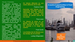 Viene pág. 3. El aprendizaje…
de estudios científicos, la
investigación y la literatura
actualizada que promueva un
alto dominio de la lengua
extranjera y que conlleve a
acceder a otros campos de
conocimientos no explorados.
Particularmente, las ingenierías
están en un constante
desarrollo, y esto obedece a
que nuevos hallazgos son
presentados, principalmente en
inglés, con el fin de dar a
conocerlos a nivel mundial.
Esperamos que estas
líneas logren resaltar la
importancia de adquirir el
inglés como lengua
internacional, y que como
futuros profesionales de la
ingeniería de alimentos,
puedan contribuir al desarrollo
productivo e intelectual de
otros saberes que confluyan en
las dinámicas globales.
Un idioma diferente es una
visión diferente de la vida.
Federico Fellini
Aprender otro idioma no es
solamente aprender palabras
diferentes para las mismas
cosas, sino aprender otra
manera de pensar acerca de
las cosas
Flora Lewis
Un idioma te pone en un
pasillo durante toda la vida.
Dos idiomas te abren todas
las puertas a lo largo del
camino
Frank Smith
Los límites de mi idioma son
los límites de mi mundo
Ludwig Wittgenstein
El conocimiento como forma de expresión 4
A world of opportunities in Food
Engineering
An
experience
to live
 