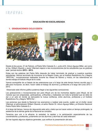 EDUCACIÓN NO ESCOLARIZADA


   1. GRADUACIONES CICLO COSTA



                                                                                                               27




Desde el día jueves, 21 de Febrero, el Padre Niño Calzada S.J., junto al Dr. Arturo Aguayo Miller, así como
el Ing. William Obando y Javier Villarreal viajaron a las incorporaciones de los estudiantes que se gradúan
este período lectivo 2012 – 2013.
Estas son las palabras del Padre Niño después de haber terminado de graduar a nuestros queridos
estudiantes: Hemos terminado de Incorporar en la Región Costa, por el Instituto Radiofónico Fe y Alegría
“IRFEYAL”, incorporaciones realizadas durante los meses de febrero y marzo, en las extensiones en
donde trabaja el Instituto Irfeyal de la costa.
Vamos acompañar de un listado de las extensiones que a lo largo de este tiempo hemos reunido aquí y
allá para incorporar, es decir, hacer valido el trabajo de alumnos y profesores a lo largo del curso 2012 –
2013.
Observado este informe gráfico podemos llegar a las siguientes conclusiones:
Las graduaciones o incorporaciones son para Irfeyal uno de los momentos álgidos para Irfeyal, de tal
manera que son preparadas, participativas, unificantes y realizadas con toda la seriedad que se debe de
dar a un acto en donde se demuestra la mutua confianza, entre alumnos, profesores y el Instituto
Radiofónico Fe y Alegría “IRFEYAL”.
Las personas que desde la Nacional nos acercamos a realizar este evento, suelen ser el chofer Javier
Villarreal, el administrador William Obando, el señor Rector Dr. Arturo Aguayo Miller y el Director Nacional
Padre Pedro Niño Calzada S.J.
A lo largo del tiempo, hemos ido depurando este acto y dado que se hacen sobre un tiempo prolongado, la
asistencia de la demás gente de la Nacional se complica.
Tenemos que unir a la eficacia; la seriedad, la rapidez y la participación especialmente de los
coordinadores y profesores, juntamente con los alumnos y alumnas de cada extensión.
Se han logrado algunos objetivos generales, que verifican la presentación del acto.


                                                 Provincia Ecuatoriana de la Compañía de Jesús
 