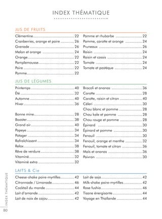 INDEX THÉMATIQUE
INDEXTHÉMATIQUE
80
Clémentine.......................................22
Cranberries, orange et poire .............26
Grenade ..........................................26
Melon et orange ..............................24
Orange............................................22
Pamplemousse..................................22
Poire ................................................22
Pomme.............................................22
Pomme et rhubarbe .........................22
Pomme, carotte et orange ................24
Pruneaux .........................................26
Raisin ..............................................24
Raisin et cassis .................................24
Tomate ............................................24
Tomate et pastèque ..........................24
Printemps .........................................40
Été ...................................................32
Automne ..........................................40
Hiver................................................36
Bonne mine......................................28
Booster.............................................38
Grand air.........................................40
Popeye .............................................34
Potager ............................................34
Rafraîchissant ...................................34
Relax................................................38
Rêve de verdure................................38
Vitaminé...........................................32
Vitaminé extra ..................................32
Brocoli et ananas .............................36
Carotte ............................................28
Carotte, raisin et citron .....................40
Céleri ..............................................30
Chou blanc et pomme ......................28
Chou kale et pomme .......................28
Chou rouge et pomme .....................28
Épinard ..........................................30
Épinard et pomme ...........................30
Fenouil ............................................30
Fenouil, orange et menthe ................32
Fenouil, tomate et citron ...................36
Maïs et ananas ................................36
Poivron ............................................30
Cheese-shake poire-myrtilles.............42
Citronnade / Limonade.....................46
Cocktail du monde ...........................44
Lait d’amande ..................................42
Lait de noix de cajou.........................42
Lait de soja.......................................42
Milk-shake poire-myrtilles..................42
Rose fushia.......................................46
Tisane énergisante............................44
Voyage en Thaïlande ........................44
JUS DE FRUITS
JUS DE LÉGUMES
LAITS  Cie
 