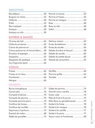 81
INDEXTHÉMATIQUE
Chutney de kaki ...............................64
Clafoutis printanier ...........................62
Crème de potimarron ......................58
Crème potimarron et haricot blanc ....58
Émulsion d’asperges.........................56
Gaspacho ........................................54
Gaspacho de pastèque ....................54
Jus d’agrumes épicé ........................66
Ketchup maison ...............................62
Purée de betterave ...........................56
Purée de carotte................................56
Salade d’endive et fenouil .................58
Salade de carotte .............................60
Salade de patate douce ...................60
Velouté de concombre ......................54
Fraises ............................................66
Fraises et vin doux ...........................66
Framboises ......................................66
Mangue ..........................................66
Myrtilles ...........................................66
Poivrons grillés .................................64
Tomates ..........................................64
Barres énergétiques .........................77
Carrot cake .....................................76
Compote d’abricot............................70
Compote de pomme ........................70
Compote pomme-poire.....................70
Conﬁture de fraises...........................72
Conﬁture de myrtilles .......................72
Esquimaux 3 parfums........................74
Éventail de melon .............................68
Gelée de groseilles ..........................74
Gelée de pomme .............................74
Granité citron-menthe ......................78
Green cake .....................................76
Pâte de fruits à la prune ...................72
Petits ﬂans au pamplemousse ...........70
Sorbet à la fraise .............................78
Sorbet à la mangue .........................78
Sorbet à la myrtille ...........................77
Sorbet à la poire ..............................77
Yaourt raisin et framboises ...............68
ENTRÉES  SAUCES
COULIS
DESSERTSDESSERTS
Bourdaloue ......................................50
Brugnon et mûres .............................52
Clafoutis .........................................50
D’été ...............................................52
Des tropiques ..................................48
Exotique ...........................................50
Exotique au tofu................................50
Pomme et cerises .............................52
Pomme et fraises...............................52
Pomme et mangue............................52
Rose ................................................48
Rose au tofu ....................................48
Soleil................................................48
SMOOTHIES
 