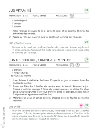 JUSDELÉGUMES
32
1 Pelez l’orange et coupez-la en 2. Lavez le persil et les carottes. Éliminez les
extrémités des carottes.
2 Passez au Filtre Jus le persil, puis les carottes et terminez par l’orange.
JUS VITAMINÉ
½ botte de persil
1 orange
3 carottes
PRÉPARATION : 5 min POUR 2 VERRES ACCESSOIRE :
JUS VITAMINÉ extra
Remplacez le persil par quelques feuilles de coriandre. Ajoutez également
½ citron vert pelé. Passez au Filtre Jus la coriandre, le ½ citron vert, les carottes
et terminez par l’orange.
1 Lavez le fenouil et éliminez les fanes. Coupez-le en gros morceaux. Lavez les
feuilles de menthe.
2 Passez au Filtre Jus 6 feuilles de menthe avec le fenouil. Réservez le jus.
Pressez ensuite les oranges à l’aide du presse-agrumes, en utilisant le cône
gris pour gros agrumes (ou si vous préférez, pelez les oranges, coupez-les en
2 et passez-les également au Filtre Jus).
3 Mélangez les 2 jus et servez aussitôt. Décorez avec les feuilles de menthe
restantes.
JUS DE FENOUIL, ORANGE et MENTHE
3 oranges
1 fenouil (300 g)
10 feuilles de menthe
PRÉPARATION : 5 min POUR 2 VERRES ACCESSOIRES :
JUS D’ÉTÉ
Pour une variante délicate et savoureuse, remplacez le fenouil par 2 petites
courgettes. Epluchez les courgettes et coupez-les en morceaux. Procédez de la
même manière pour le reste de la recette. N’hésitez pas à doubler la quantité
de menthe pour accentuer le goût de fraîcheur.
D E T O X
D E T O X
L I G H T
D E T O X
D E T O X
 