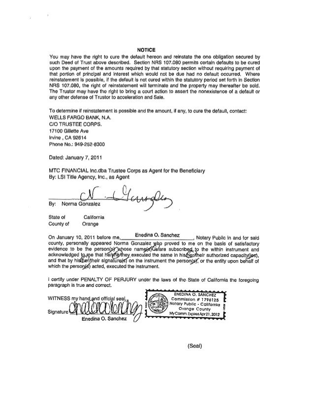 Notice of Breach Default Sale of Real Property Under Deed of Trust