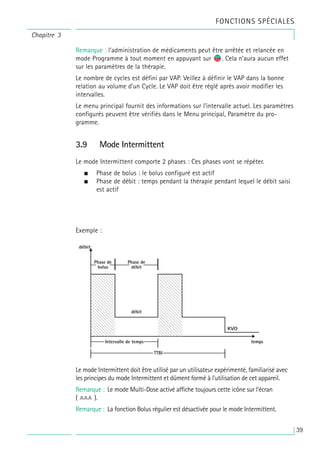Chapitre 3
Remarque : l’administration de médicaments peut être arrêtée et relancée en
mode Programme à tout moment en appuyant sur s
f. Cela n’aura aucun effet
sur les paramètres de la thérapie.
Le nombre de cycles est défini par VAP. Veillez à définir le VAP dans la bonne
relation au volume d’un Cycle. Le VAP doit être réglé après avoir modifier les
intervalles.
Le menu principal fournit des informations sur l’intervalle actuel. Les paramètres
configurés peuvent être vérifiés dans le Menu principal, Paramètre du pro-
gramme.
3.9 Mode Intermittent
Le mode Intermittent comporte 2 phases : Ces phases vont se répéter.
• Phase de bolus : le bolus configuré est actif
• Phase de débit : temps pendant la thérapie pendant lequel le débit saisi
est actif
Exemple :
Le mode Intermittent doit être utilisé par un utilisateur expérimenté, familiarisé avec
les principes du mode Intermittent et dûment formé à l’utilisation de cet appareil.
Remarque : Le mode Multi-Dose activé affiche toujours cette icône sur l’écran
( ).
Remarque : La fonction Bolus régulier est désactivée pour le mode Intermittent.
FONCTIONS SPÉCIALES
39
 