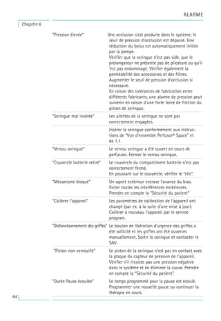 ALARME
Chapitre 6
“Pression élevée“ Une occlusion s’est produite dans le système, le
seuil de pression d’occlusion est dépassé. Une
réduction du bolus est automatiquement initiée
par la pompe.
Vérifier que la seringue n’est pas vide, que le
prolongateur ne présente pas de plicature ou qu’il
’est pas endommagé. Vérifier également la
perméabilité des accessoires et des filtres.
Augmenter le seuil de pression d’occlusion si
nécessaire.
En raison des tolérances de fabrication entre
différents fabricants, une alarme de pression peut
survenir en raison d’une forte force de friction du
piston de seringue.
“Seringue mal insérée” Les ailettes de la seringue ne sont pas
correctement engagées.
Insérer la seringue conformément aux instruc-
tions de “Vue d’ensemble Perfusor® Space” et
de 1.1.
“Verrou seringue“ Le verrou seringue a été ouvert en cours de
perfusion. Fermer le verrou seringue.
“Couvercle batterie retiré“ Le couvercle du compartiment batterie n’est pas
correctement fermé.
En poussant sur le couvercle, vérifier le “clic”.
“Mécanisme bloqué“ Un agent extérieur entrave l’avance du bras.
Eviter toutes les interférences extérieures.
Prendre en compte la “Sécurité du patient”
“Calibrer l’appareil“ Les paramètres de calibration de l’appareil ont
changé (par ex. à la suite d’une mise à jour).
Calibrer à nouveau l’appareil par le service
program.
“Disfonctionnement des griffes“ Le bouton de libération d’urgence des griffes a
été sollicité et les griffes ont été ouvertes
manuellement. Sortir la seringue et contacter le
SAV.
“Piston non verrouillé“ Le piston de la seringue n’est pas en contact avec
la plaque du capteur de pression de l’appareil.
Vérifier s’il n’existe pas une pression négative
dans le système et en éliminer la cause. Prendre
en compte la “Sécurité du patient”.
“Durée Pause écoulée“ Le temps programmé pour la pause est écoulé.
Programmer une nouvelle pause ou continuer la
thérapie en cours.
64
 