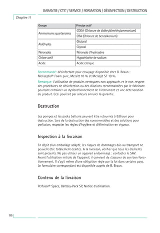 86
Recommandé: désinfectant pour essuyage disponible chez B. Braun :
Meliseptol® Foam pure, Melsitt 10 % et Melsept SF 10 %.
Remarque: l’utilisation de produits nettoyants non approuvés et le non-respect
des procédures de désinfection ou des dilutions recommandées par le fabricant
pourront entraîner un dysfonctionnement de l’instrument et une détérioration
du produit. Ceci pourrait par ailleurs annuler la garantie.
Destruction
Les pompes et les packs batterie peuvent être retournés à B.Braun pour
destruction. Lors de la destruction des consommables et des solutions pour
perfusion, respecter les règles d’hygiène et d’élimination en vigueur.
Inspection à la livraison
En dépit d’un emballage adapté, les risques de dommages dûs au transport ne
peuvent être totalement écartés. A la livraison, vérifier que tous les éléments
sont présents. Ne pas utiliser un appareil endommagé : contacter le SAV.
Avant l’utilisation initiale de l’appareil, il convient de s'assurer de son bon fonc-
tionnement. Il s’agit même d’une obligation régie par la loi dans certains pays.
Le formulaire correspondant est disponible auprès de B. Braun.
Contenu de la livraison
Perfusor® Space, Battery-Pack SP, Notice d’utilisation.
Groupe
Ammoniums quartenaires
Principe actif
CDDA (Chlorure de didécyldiméthylammonium)
Aldéhydes
CBA (Chlorure de benzalkonium)
Péroxydes
Chlore actif
Acide
Glutaral
Glyoxal
Péroxyde d'hydrogène
Hypochlorite de sodium
Acide citrique
GARANTIE / CTS* / SERVICE / FORMATION / DÉSINFECTION / DESTRUCTION
Chapitre 11
 