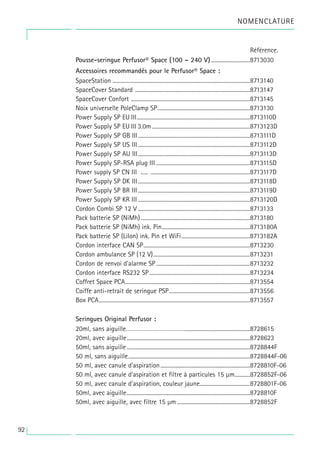 92
NOMENCLATURE
Référence.
Pousse-seringue Perfusor® Space (100 – 240 V)............................8713030
Accessoires recommandés pour le Perfusor® Space :
SpaceStation ..................................................................................................8713140
SpaceCover Standard ..................................................................................8713147
SpaceCover Confort .....................................................................................8713145
Noix universelle PoleClamp SP..................................................................8713130
Power Supply SP EU III.................................................................................8713110D
Power Supply SP EU III 3.0m......................................................................8713123D
Power Supply SP GB III................................................................................8713111D
Power Supply SP US III ................................................................................8713112D
Power Supply SP AU III................................................................................8713113D
Power Supply SP-RSA plug III ...................................................................8713115D
Power supply SP CN III ..... .......................................................................8713117D
Power Supply SP DK III................................................................................8713118D
Power Supply SP BR III ................................................................................8713119D
Power Supply SP KR III ................................................................................8713120D
Cordon Combi SP 12 V ................................................................................8713133
Pack batterie SP (NiMh)..............................................................................8713180
Pack batterie SP (NiMh) ink. Pin...............................................................8713180A
Pack batterie SP (LiIon) ink. Pin et WiFi.................................................8713182A
Cordon interface CAN SP............................................................................8713230
Cordon ambulance SP (12 V).....................................................................8713231
Cordon de renvoi d’alarme SP ...................................................................8713232
Cordon interface RS232 SP........................................................................8713234
Coffret Space PCA.........................................................................................8713554
Coiffe anti-retrait de seringue PSP..........................................................8713556
Box PCA............................................................................................................8713557
Seringues Original Perfusor :
20ml, sans aiguille………………………………...............................................8728615
20ml, avec aiguille........................................................................................8728623
50ml, sans aiguille........................................................................................8728844F
50 ml, sans aiguille.......................................................................................8728844F-06
50 ml, avec canule d'aspiration................................................................8728810F-06
50 ml, avec canule d'aspiration et filtre à particules 15 µm...........8728852F-06
50 ml, avec canule d'aspiration, couleur jaune....................................8728801F-06
50ml, avec aiguille........................................................................................8728810F
50ml, avec aiguille, avec filtre 15 µm ....................................................8728852F
 