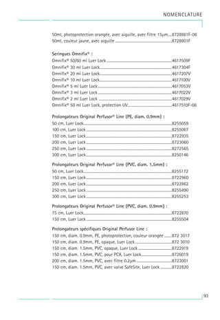 93
NOMENCLATURE
50ml, photoprotection orangée, avec aiguille, avec filtre 15µm....8728861F-06
50ml, couleur jaune, avec aiguille ...........................................................8728801F
Seringues Omnifix® :
Omnifix® 50/60 ml Luer Lock....................................................................4617509F
Omnifix® 30 ml Luer Lock...........................................................................4617304F
Omnifix® 20 ml Luer Lock...........................................................................4617207V
Omnifix® 10 ml Luer Lock...........................................................................4617100V
Omnifix® 5 ml Luer Lock.............................................................................4617053V
Omnifix® 3 ml Luer Lock.............................................................................4617022V
Omnifix® 2 ml Luer Lock ............................................................................4617029V
Omnifix® 50 ml Luer Lock, protection UV..............................................4617510F-06
Prolongateurs Original Perfusor® Line (PE, diam. 0.9mm) :
50 cm, Luer Lock............................................................................................8255059
100 cm, Luer Lock .........................................................................................8255067
150 cm, Luer Lock.........................................................................................8722935
200 cm, Luer Lock.........................................................................................8723060
250 cm, Luer Lock.........................................................................................8272565
300 cm, Luer Lock.........................................................................................8250146
Prolongateurs Original Perfusor® Line (PVC, diam. 1.5mm) :
50 cm, Luer Lock............................................................................................8255172
150 cm, Luer Lock.........................................................................................8722960
200 cm, Luer Lock.........................................................................................8722862
250 cm, Luer Lock.........................................................................................8255490
300 cm, Luer Lock.........................................................................................8255253
Prolongateurs Original Perfusor® Line (PVC, diam. 0.9mm) :
75 cm, Luer Lock............................................................................................8722870
150 cm, Luer Lock.........................................................................................8255504
Prolongateurs spécifiques Original Perfusor Line :
150 cm, diam. 0.9mm, PE, photoprotection, couleur orangée ........872 3017
150 cm, diam. 0.9mm, PE, opaque, Luer Lock ......................................872 3010
150 cm, diam. 1.5mm, PVC, opaque, Luer Lock ...................................8722919
150 cm, diam. 1.5mm, PVC, pour PCA, Luer Lock................................8726019
200 cm, diam. 1.5mm, PVC, avec filtre 0.2µm.....................................8723001
150 cm, diam. 1.5mm, PVC, avec valve SafeSite, Luer Lock ............8722820
 