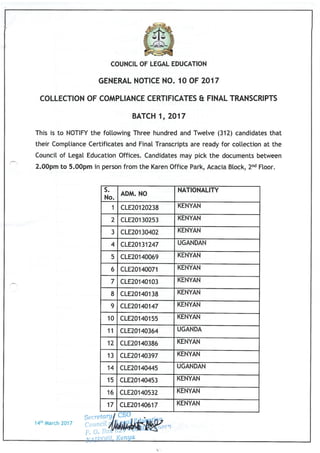 GENERAL NOTICE NO. 10 OF 2017: Collection of Compliance Certificates & Final Transcripts