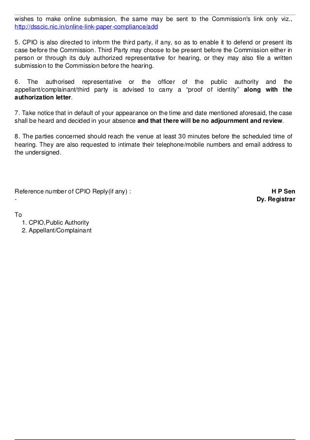 Notice of hearing for Appeal No.126308 by CIC