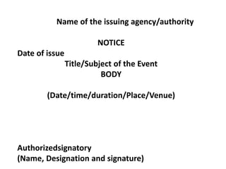 Name of the issuing agency/authority
NOTICE
Date of issue
Title/Subject of the Event
BODY
(Date/time/duration/Place/Venue)
Authorizedsignatory
(Name, Designation and signature)
 