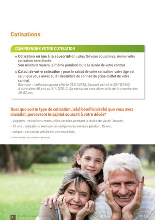 Cotisations
6
Quel que soit le type de cotisation, le(s) bénéficiaire(s) que vous avez
choisi(s), percevront le capital souscrit à votre décès*
- viagères : cotisations mensuelles versées pendant la durée de vie de l’assuré,
- 15 ans : cotisations mensuelles temporaires versées pendant 15 ans,
- unique : cotisation versée en une seule fois.
*Conformément aux conditions générales
Document à caractère publicitaire
comprendrevotrecotisation
Cotisation en âge à la souscription : plus tôt vous souscrivez, moins votre
cotisation sera élevée.
Son montant restera le même pendant toute la durée de votre contrat.
Calcul de votre cotisation : pour le calcul de votre cotisation, votre âge est
celui que vous aurez au 31 décembre de l’année de prise d’effet de votre
contrat.
Exemple : l’adhésion prend effet le 01/01/2013, l’assuré est né le 25/10/1963,
il aura donc 50 ans au 31/12/2013. Sa cotisation sera alors celle de la tranche des
48-52 ans.
 