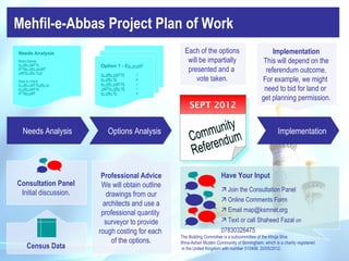 Mehfil-e-Abbas Project Plan of Work
Needs Analysis                                     Each of the options                            Implementation
Must Haves

                                                    will be impartially                       This will depend on the
                       Option 1 - £


                                                    presented and a                            referendum outcome.
                              
Nice to Have                                       vote taken.                          For example, we might
                     
                                                                                 need to bid for land or
                           
                                                                                             get planning permission.
                                                     SEPT 2012

 Needs Analysis           Options Analysis                                                            Implementation




                        Professional Advice                            Have Your Input
Consultation Panel      We will obtain outline
 Initial discussion.                                                    Join the Consultation Panel
                          drawings from our
                                                                        Online Comments Form
                         architects and use a
                        professional quantity                           Email map@ksmnet.org
                         surveyor to provide                            Text or call Shaheed Fazal on
                       rough costing for each                          07830326475
                                                 The Building Committee is a subcommittee of the Khoja Shia
                            of the options.      Ithna-Asheri Muslim Community of Birmingham, which is a charity registered
   Census Data                                    in the United Kingdom with number 510406. 20/05/2012.
 