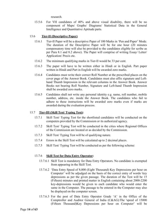 Page 14 of 63
research.
13.5.6 For VH candidates of 40% and above visual disability, there will be no
component of Maps/ Graphs/ Diagrams/ Statistical Data in the General
Intelligence and Quantitative Aptitude parts.
13.6 Tier-II (Descriptive Paper)
13.6.1 Tier-II Paper will be a descriptive Paper of 100 Marks in ‘Pen and Paper’ Mode.
The duration of the Descriptive Paper will be for one hour (20 minutes
compensatory time will also be provided to the candidates eligible for scribe as
per Para 8.1 and 8.2 above). The Paper will comprise of writing Essay/ Letter/
Application/ Precis etc.
13.6.2 The minimum qualifying marks in Tier-II would be 33 per cent.
13.6.3 The paper will have to be written either in Hindi or in English. Part paper
written in Hindi and Part in English will be awarded zero marks.
13.6.4 Candidates must write their correct Roll Number at the prescribed places on the
cover page of the Answer Book. Candidates must also affix signature and Left-
hand Thumb Impression in the relevant columns in the Answer Book. Answer
Books not bearing Roll Number, Signature and Left-hand Thumb Impression
shall be awarded zero marks.
13.6.5 Candidates shall not write any personal identity e.g. name, roll number, mobile
number, address, etc. inside the Answer Book. The candidates who fail to
adhere to these instructions will be awarded zero marks even if marks are
awarded during the evaluation process.
13.7 Tier-III (Skill Test/ Typing Test):
13.7.1 Skill Test/ Typing Test for the shortlisted candidates will be conducted on the
computers provided by the Commission or its authorized agency.
13.7.2 Skill Test/ Typing Test will be conducted in the cities where Regional Offices
of the Commission are located or as decided by the Commission.
13.7.3 Skill Test/ Typing Test will be of qualifying nature.
13.7.4 Errors in the Skill Test will be calculated up to 2 decimal places.
13.7.5 Skill Test/ Typing Test will be conducted as per the following scheme:
13.7.6 Skill Test for Data Entry Operator:
13.7.6.1 Skill Test is mandatory for Data Entry Operators. No candidate is exempted
from appearing in the Skill Test.
13.7.6.2 ‘Data Entry Speed of 8,000 (Eight Thousand) Key Depressions per hour on
Computer’ will be adjudged on the basis of the correct entry of words/ key
depressions as per the given passage. The duration of the Test will be 15
(Fifteen) minutes and printed matter in English containing about 2000-2200
key-depressions would be given to each candidate who would enter the
same in the Computer. The passage to be entered in the Computer may also
be displayed on the computer screen.
13.7.6.3 For the post of Data Entry Operator Grade ‘A’ in the Office of the
Comptroller and Auditor General of India (C&AG):The 'speed of 15000
(Fifteen Thousand)Key Depressions per hour on Computer’ will be
 