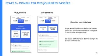 ETAPE 5 - CONSULTER MES JOURNÉES PASSÉES
Consulter mon historique
Vue journée Vue semaine
Je peux consulter mon temps de travail
passé sur plusieurs échelles de temps (à
la mission ou à la semaine).
J’ai accès à l’historique de mes temps de
travail sur trois ans.
15
 