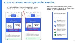 ETAPE 5 - CONSULTER MES JOURNÉES PASSÉES
Si mon gestionnaire a modifié ma mission, je peux
comparer les deux versions grâce à ce bouton
L’historique des modifications apparaît
également dans le détail de la mission, tout
en bas de la journée de travail
17
 