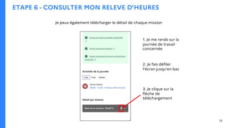 ETAPE 6 - CONSULTER MON RELEVE D’HEURES
Je peux également télécharger le détail de chaque mission
3. Je clique sur la
flèche de
téléchargement
1. Je me rends sur la
journée de travail
concernée
2. Je fais défiler
l’écran jusqu’en bas
19
 